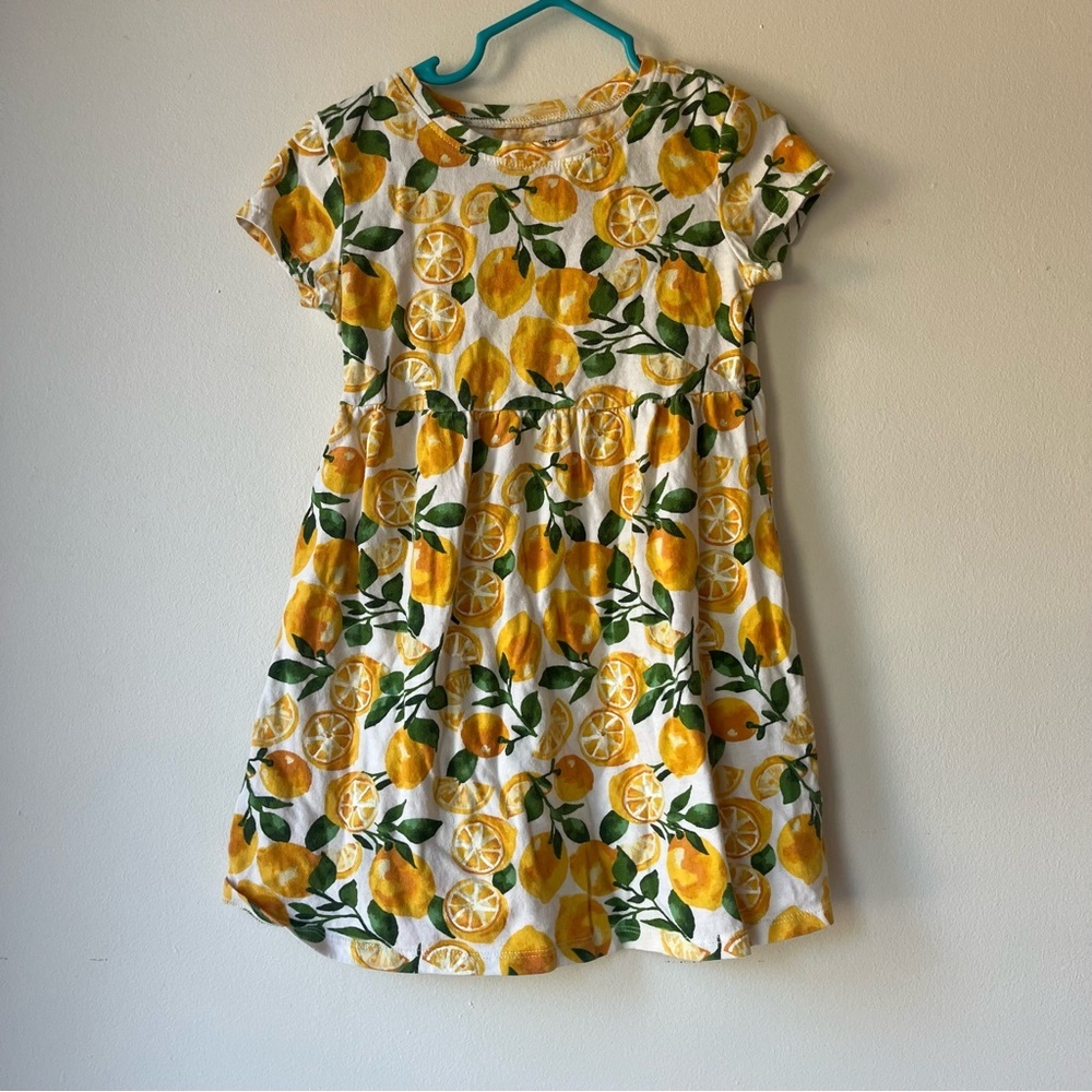 🌼 5/$20 Girls Lemon Print Dress White Yellow Summer Fruit Graphic Cotton Size 4T
